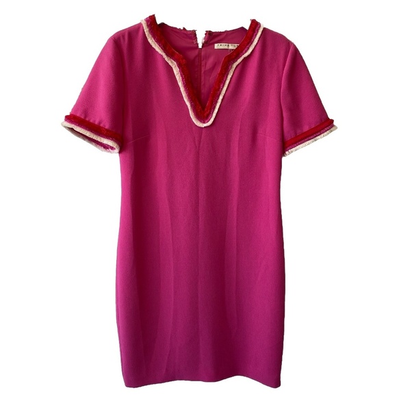 Trina Turk Pink Short Sleeve V-Neck Shift Dress Orange And White Fringe Sz 8 - Picture 1 of 14